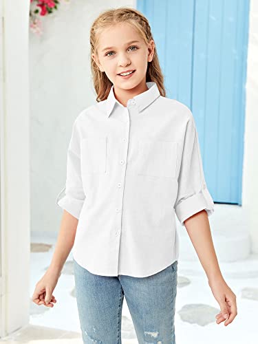 Modershe Girls Roll Up Cuffed Sleeve Button Down Shirts Cute Casual Pockets Blouses 5-14 Years Kids Loose Collared Tunic Tops White #TOP2