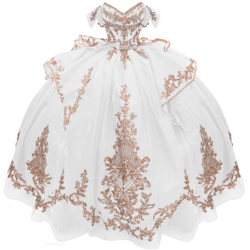 Mauuwy White Tulle Quinceanera Dresses Sparkly Gold Applique XV D...