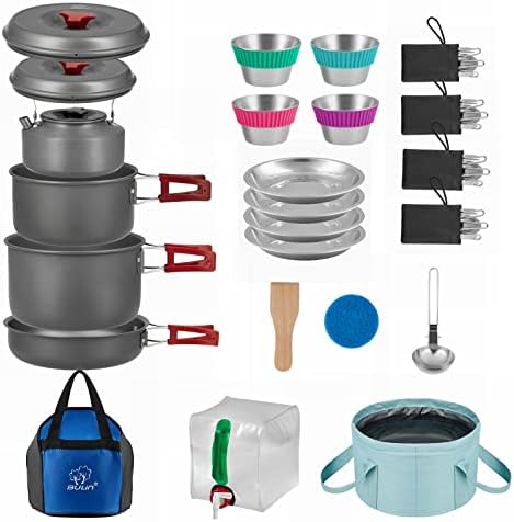 Bulin 37PCS Camping Cookware Mess Kit Lightweight Backpacking Cooking Set Outdoor Cook Gear for Family Hiking, Picnic(Kettle, Pot, Frying Pan, Cups, Plates, Forks Knives Spoons, Carabiner)