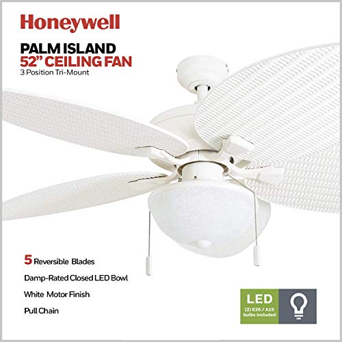 Honeywell Ceiling Fans Inland Breeze, 52 Inch Tropical Indoor Outdoor Ceiling Fan with Light, Pull Chain, Three Mount Options, Weather Resistant Blades - 50511-01 (White) - Image 2