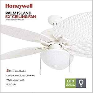Honeywell Ceiling Fans Inland Breeze 52 Inch Tropical Indoor Outdoor Ceiling Fan with Light Pull Chain Three Mount Options Weather Resistant Blades 50511 01 White