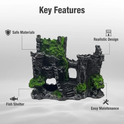 Image of Mipukbay Green Aquarium Decor Castle, Resin Fish Tank Decoration Ornament for Freshwater /Saltwater, Safe Landscape Rock Cave Hideout for Betta Fish, Goldfish and Aquatic Pets