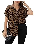 SOLY HUX Women's Plus Size Leopard Print Button Down Shirt Short Sleeve Summer Blouse Tops Brown Leopard 2XL