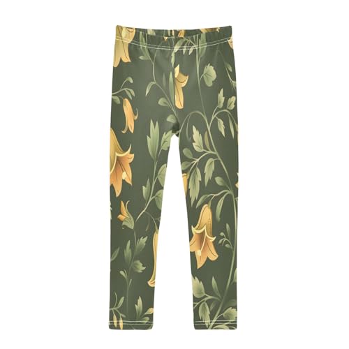 Toddler Girls Leggings Printed Yoga Pants Leggings Green Foliage Yellow Flower for Kids