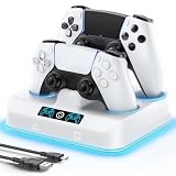 Supporto di Ricarica per PS5 Compatibile con P5 DualSense & Edge, Caricatore Joystick PS5 con 9 Luci RGB, Base di Ricarica per Dual Controller PS5, Accessorio PS5 Supporto con Cavo di Ricarica