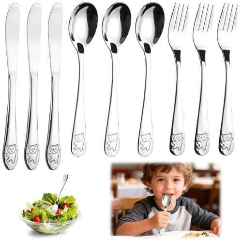 Ensemble de 9 Couverts Enfant Inox avec Gravure, Comprenant 3 Fourchettes, 3 Cuillères et 3 Couteaux Dentelés, Couvert Enfant Personnalisé Convient pour Un...
