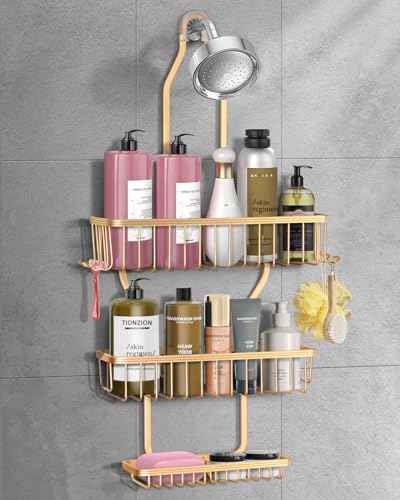 MSAICOE Shower Caddy Hanging - Never Rust Shower Hanging Organizer - Aluminum Over the ShowerHead Caddy with Soap Basket and 6 Razor/Sponge Hooks (Gold)