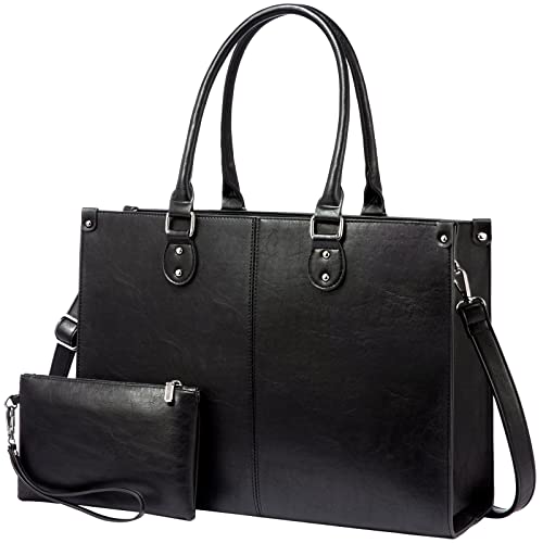 LOVEVOOK Laptoptasche 17.3 Zoll Handtasche Damen Umhängetasche Große PU Leder Shopper Tote Bag Arbeitstasche Aktentasche Lehrertasche für Business Arbeit Büro Schule, Schwarz