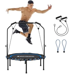 SONGMICS 40 Inches Mini Fitness Trampoline, Fitness Rebounder with Adjustable Handrail, Foldable Trampoline for At-Home Workout, Max. Load 264.6 lb Blue + Black 40”Dia. x 11.8”H (102 x 30 cm