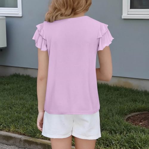 Girls Dressy Causal Tops T-Shirt Kids Fashion Cute Ruffle Short Sleeve Casual Basic Crewneck Pleated Blouse 5-13 Year4