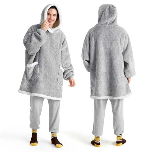 Bedsure Wearable Blanket Sherpa Hoodie, Sweatshirt, Grey, Oversize