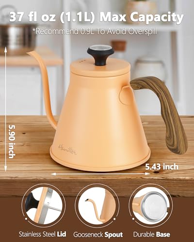 Gooseneck Kettle, Harriet 37oz Pour Over Kettle with Thermometer, Coffee kettle for Stovetop, Stainless Steel Kettle with 3-Layer Base, Anti-Hot Handle, for Drip Coffee & Tea, Peachy