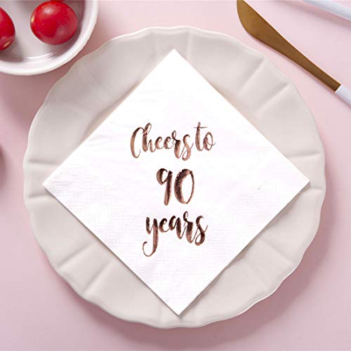 Cheers to 90 Years Cocktail Napkins, 50-Pack 3ply White Rose Gold 90th Birthday Dinner Celebration Party Decoration Napkin