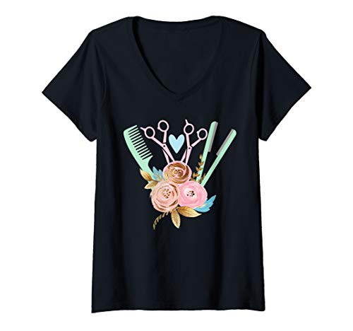 Womens Cute hairstylist tools straightener shears scissors comb tee V-Neck T-Shirt