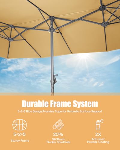 RICNOD 15ft Large Patio Umbrella with Base Included, Outdoor Double-Sided Rectangle Market Umbrella with Crank Handle, Umbrella Outdoor Patio for Pool Lawn Garden - (Beige)