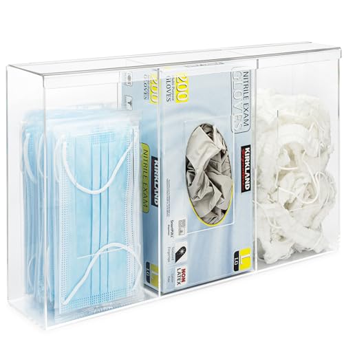 SimplyImagine Triple Clear Acrylic Glove Box Holder & Hygiene Dispenser Station with Dust Lid - Tabletop or Wall Mount Organizer for Face Masks, Wipes, and Tissues - Storage for Office Salon & Garage