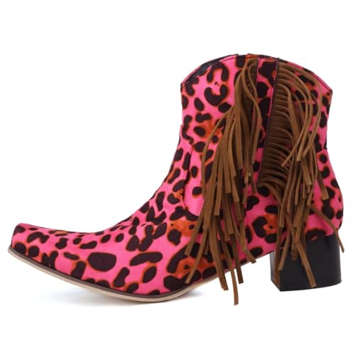 Womens Tassel Fringe Cowboy Boots Faux Suede Chunky High Heel Leopard Prints Ankle Boots Snip Toe Western Cowgirl Short Boot2