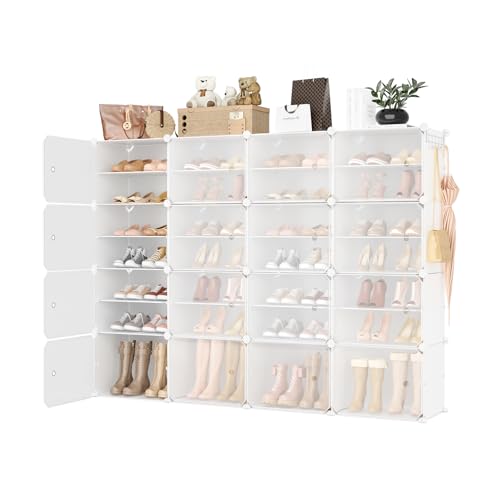 Image of Portable Shoe Rack Organizer with Door, 64 Pairs Shoe Storage Cabinet Easy Assembly, Plastic Adjustable Shoe Storage Organizer Stackable Detachable Free Standing DIY Expandable 8 Tier White