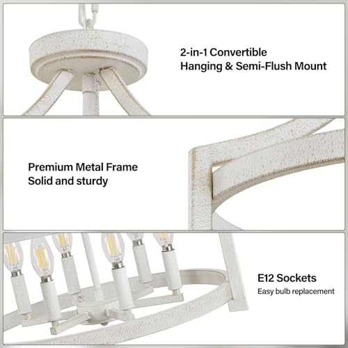 WBinDX 6-Light Farmhouse Chandelier Rustic Dining Room Light Fixture, Convertible Semi Flush Mount Ceiling Light, 19.3'' Country Distressed White Metal Chandeliers for Entryway Foyer Bedroom Kitchen by WBinDX - Image 3