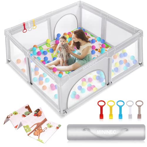 Image of Baby Playpen with Mat,70"x59" Baby Playpen for Babies and Toddlers,Kids Playard Activity Center with Anti-Slip Design,Zipper Gates with Visible Mesh,Hand Rings