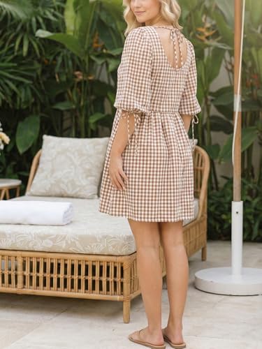 Image of Women's Gingham Puff Sleeve Tie Front Babydoll Mini Dress