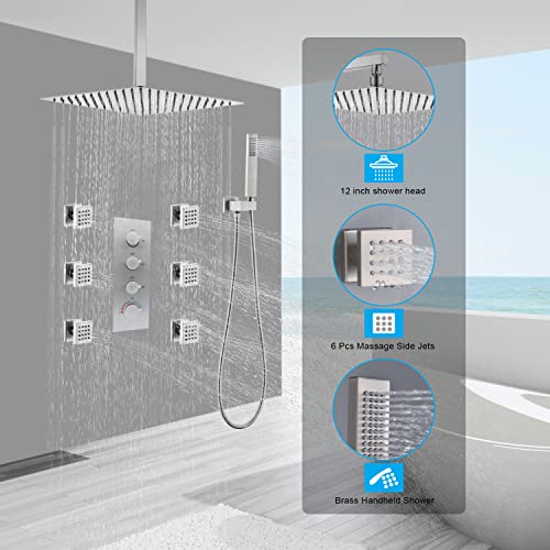 Zygolvq Thermostatic Brass Rain Shower System - 12 Inch Luxury Square Rainfall Head And Handheld Spraywith Full Body Jets Faucet Set Combo, Can Use All Functions At Same Time, Brused Nickel #TOP1