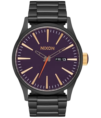 NIXON Sentry SS A356 - Reloj analógico clásico para hombre resistente al agua hasta 100 m (esfera de reloj de 42 mm, correa de acero inoxidable de 23 mm-20 mm), plomizo/mora/dorado, Talla única, Acero