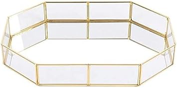 qiuqiu Mirror Tray Decorative Tray, Geometric Metal Vintage Glass Storage Box,Display GlassTray for Makeup,Jewelry, Cosmetic -Large