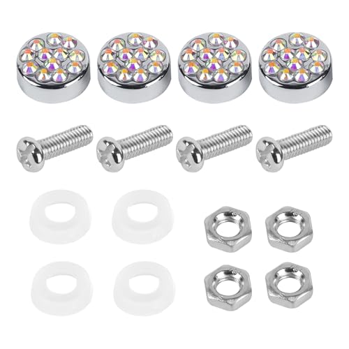 Hbxdeco 4PCS Bling Car License Plate Screw Bolt Cap, Rhinestone License Plate Fasteners Screws Caps Covers Set, License Plate Frame Bolt and Cap Kit with Nut Washer for Car Truck SUV (Colorful)