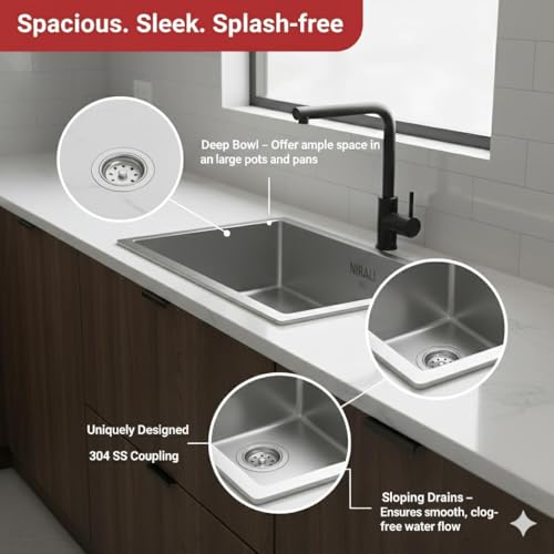 Image of NIRALI Kitchen Sink 20 inch x 17 inch x 9 inch Square 304 Stainless Steel | Single bowl Sink Round Coupling | Rust & Stain Resistant | Matt Finish | Minimizes Sound Molly Square Sink (SS-304)(Molly - 20 inchx17 inchx9 inch)