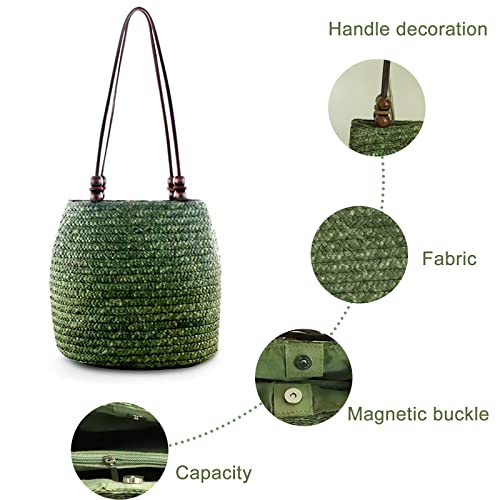 Women Retro Bucket Straw Bag Handwoven Rattan Beach Tote Shoulder Bag with Brown Bead (Green)3