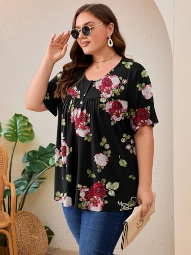 AusLook Plus Size Floral Tunic Tops for Women Pleated Babydoll Blouse Short Sleeve Round Neck Loose Fit Casual Flowy Midnight Red Rose 3X Tunic Shirts Summer Tops to Wear with Leggings — view 4