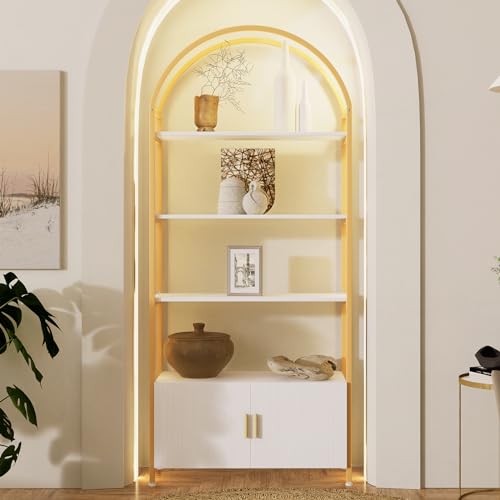 Image of Jehiatek Gold Bookshelf, Arched Bookcase with Doors Storage, 71 inch Tall Industrial Book Shelf with Sturdy Metal Frame, E1 Quality Boards, Freestanding Display Shelving Unit, White and Gold