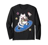 Chat de dessin animé astronaute dans l'espace avec bol de ramen Manche Longue