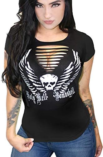 Demi Loon Sexy Slashed Biker Tee T-Shirt Graphic Country Motorcycle Wings Skull Gothic (XL, Black Holy Hell SS)
