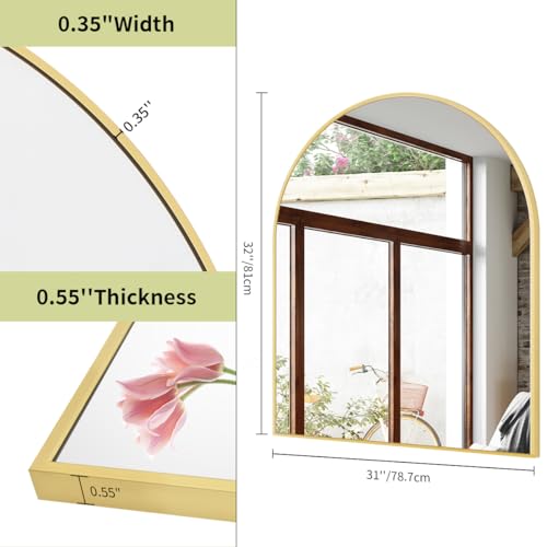 Image of BEAUTYPEAK 31 inchx32 inch Arch Bathroom Mirror, Wall Mounted Vanity Metal Frame Mirror for Bedroom, Entryway, Living Room, Gold