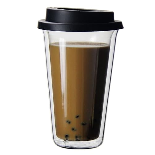 TINGJUNN Heat-Resistant Double-Walled Glass Coffee Mug with Silicone lid, high Borosilicate Glass Mug, Double-Walled Insulated Mug, Mug with lid. (Black)