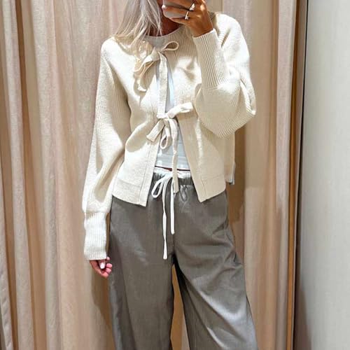 Image of Women Y2k Tie Front Knitted Cardigan Sweater Top Long Sleeve Crewneck Open Front Casual Cropped Cardigan Shirt (Apricot #A, S)