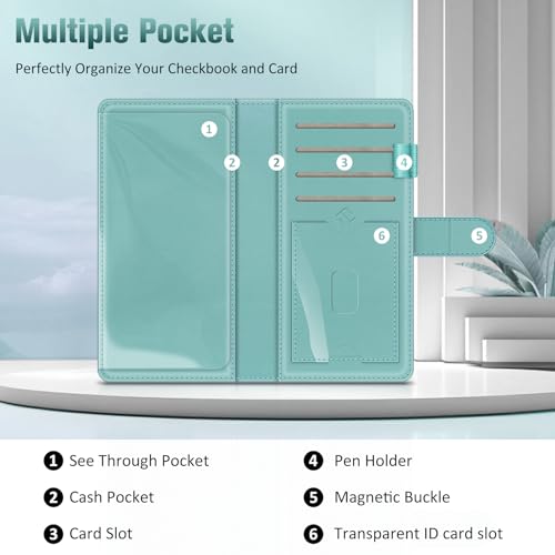 Image of FINTIE Checkbook Cover for Personal Checkbook, RFID Blocking Big Capacity Standard Register Duplicate Checks with Pen Holder, Cards Slots (Emerald Marble)