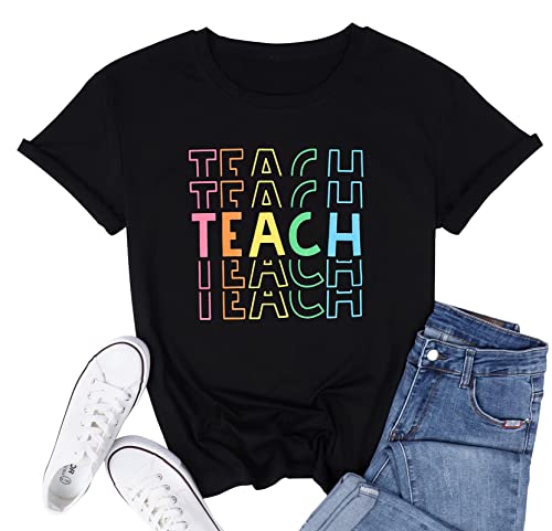 Image of Teacher Shirts Women Teach Print Graphic Tees Kindergarten Elementary Teaching Life Shirts Back to School Tees Tops