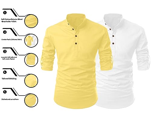 Image of FINIVO FASHION Combo of Men's Cotton Blend Solid Regular Fit Full Sleeve Straight Short Kurta Shirt, Casual and Formal Wear