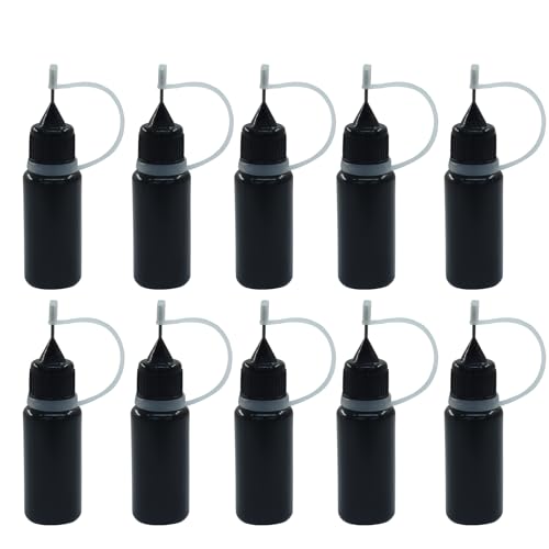 Aoserge 10 Pack Black Precision Tip Applicator Bottles, 10ml Fine Metal Needle Tip Squeeze Bottles for Glue, Liquid, Acrylic Painting, DIY Crafts, Nail Art - Leak-Proof Design with Protective Caps
