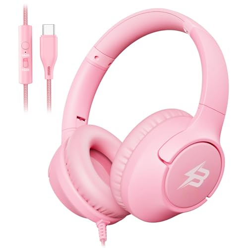 Image of USB C Headphones Wired for Kids, 85 /94dB Volume Limit With Mic, Pink | Kid Headphones for School, Wired Over Ear USBC Plug in Corded Headphones for Boys Girl Toddler, iPad, Tablet, Airplane Travel