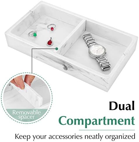 Luxspire Bathroom Vanity Tray, Toilet Tank Bathtub Storage Dresser Tray With Removable Divider, Resin Marble Kitchen Organizer Accessories for Jewelry Perfume Tissues Candles Soap Towel, Ink White