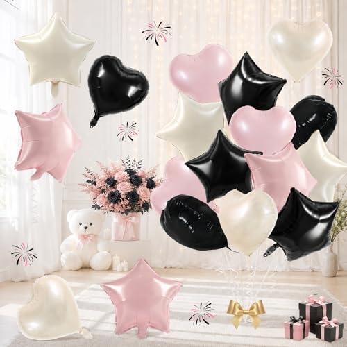 TONIFUL 18 Inch Pink and Black Star and Heart Foil Balloons, 18PCS Cream White Pink Black Helium Mylar Birthday Balloons Birthday Wedding Bridal Shower Anniversary Engagement Party Decorations Suppli