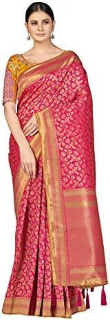 Monjolika Fashion Women's Pure Kanjivaram Style Banarasi Soft Design Silk Saree With Blouse Piece For Wedding, Rani Pink, Free Size