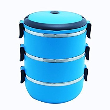 DINY Home & Style 3 Compartment Food Carrier Bento Box Lunch Box Stainless Steel Bowls Keeps Food Hot Vvacuum Sealed Lids (Blue)