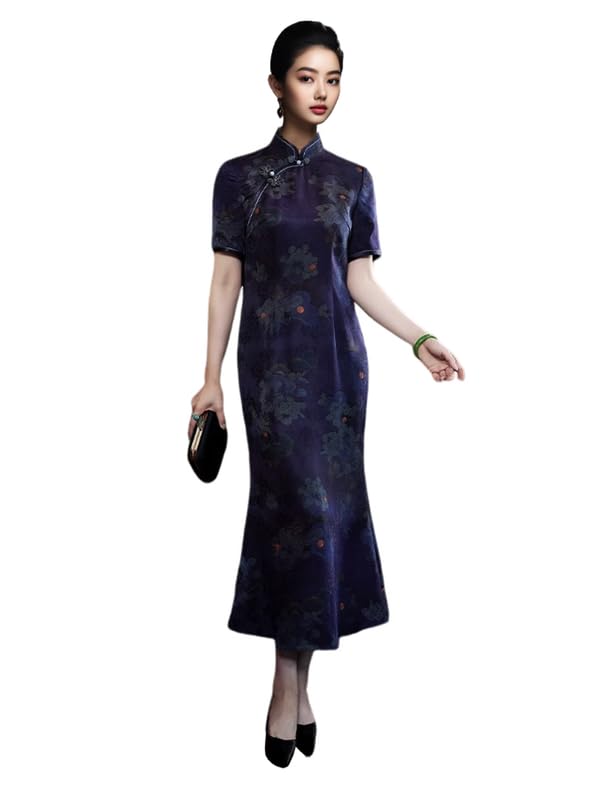 HangErFeng Cheongsam Fragrant Cloud Yarn HuaLuo Slim Blue Evening Qipao Long Dress 3593 XL
