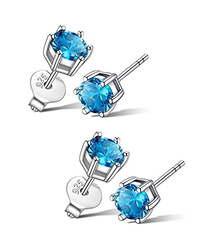 2 Pairs Adabele Real 925 Sterling Silver December Birthstone Round Cut Stud Earrings 4Mm Small Cute Cubic Zirconia Blue Zircon Stone Solitaire Anniversary Birthday Gift Sse78-12 #TOP5