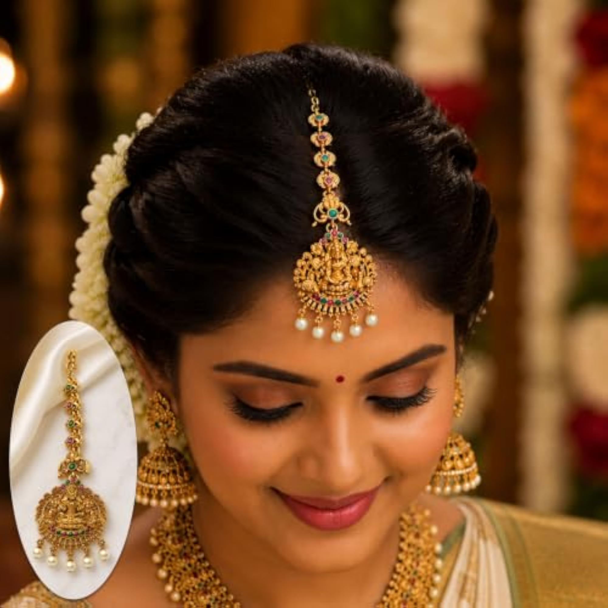 18K Matte Plated Pearl Multicolor Stone Lakshmi Devi Maang Tikka